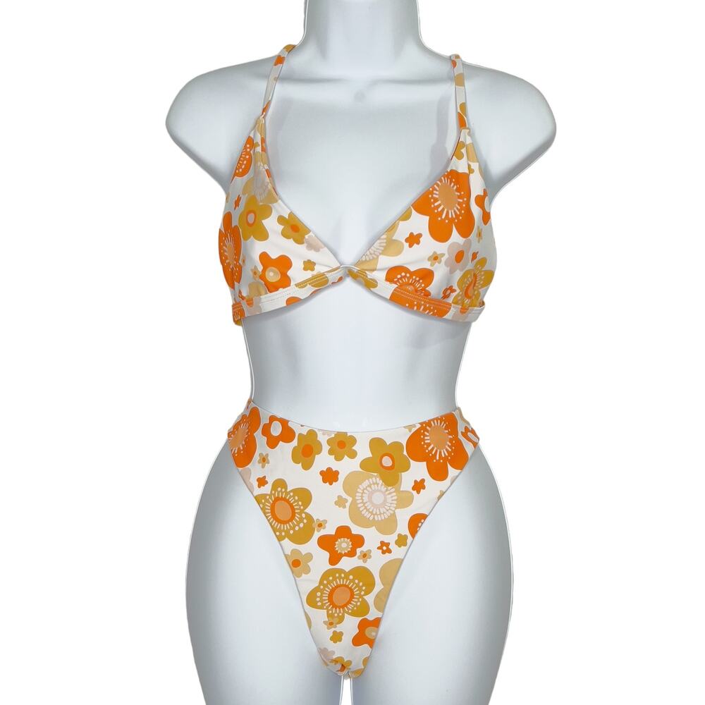 Aurelle L McCall Bikini Set Orange Retro Floral Print Two Piece Bold Bright - Picture 2 of 11